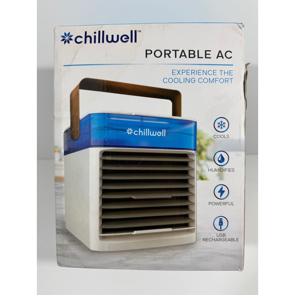Chillwell Portable AC Personal Air Cooler White Blue Good USB Rechargeable 0343